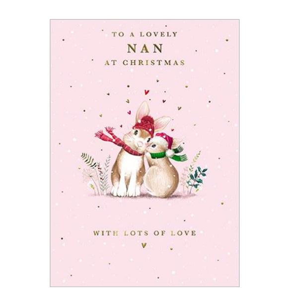 This adorable Christmas card for a very special nan is decorated with an illustration of two little bunnies rabbits cuddled together, dressed in knitted hats and scarves. Gold text on the front of this Christmas card reads 