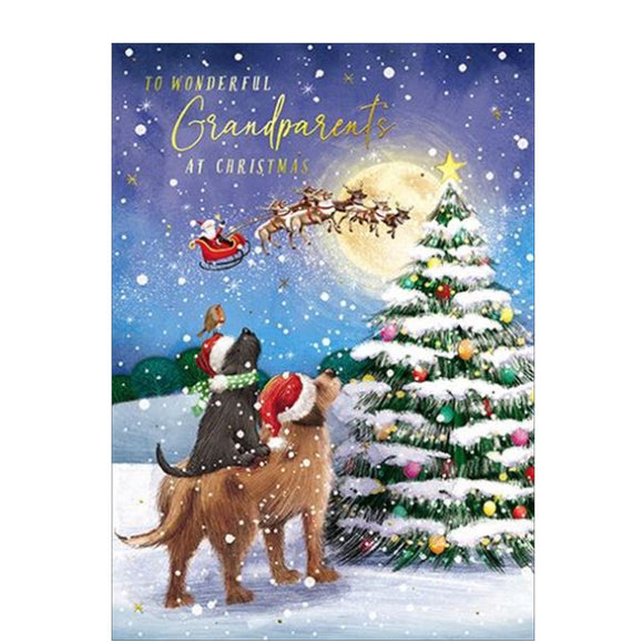 This cute christmas card for special grand parents is decorated with an illustration of a pair of dogs sitting outside on a snowy Christmas eve, watching Father Christmas fly through the sky in his sleigh. The caption on the front of this Christmas card reads 