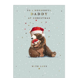 This adorable Christmas card for a very special daddy is decorated an illustration of an adult bear is holding his infant close, both in Santa hats. Gold text on the front of this Christmas card reads "To a wonderful Daddy at Christmas...with love".