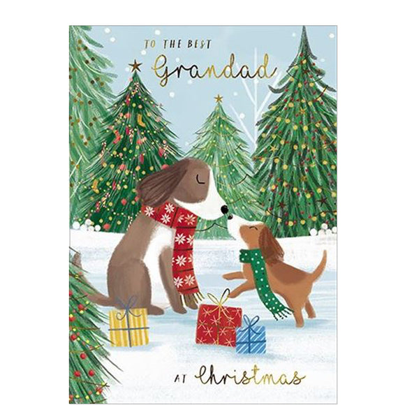 This cute Christmas card for a very special Grandad is decorated with an illustration of two dogs in a snowy, festive landscape. The caption on the front of this Christmas card reads “To the best Grandad at Christmas”.