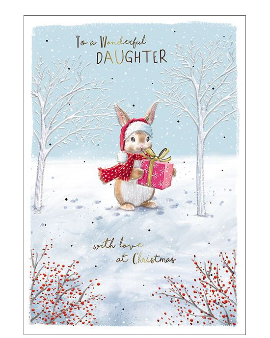 Make your daughter’s Christmas extra special with this adorable Christmas card for a wonderful daughter. The charming design features a sweet brown bunny wearing a Santa hat and matching scarf, carrying a beautifully wrapped present through a snowy winter landscape - capturing the magic of the season in a heartwarming scene.

The front of the card reads 