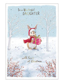 Make your daughter’s Christmas extra special with this adorable Christmas card for a wonderful daughter. The charming design features a sweet brown bunny wearing a Santa hat and matching scarf, carrying a beautifully wrapped present through a snowy winter landscape - capturing the magic of the season in a heartwarming scene.

The front of the card reads "To a Wonderful Daughter With Love at Christmas". A heartfelt message that's perfect for showing how much she means to you.
