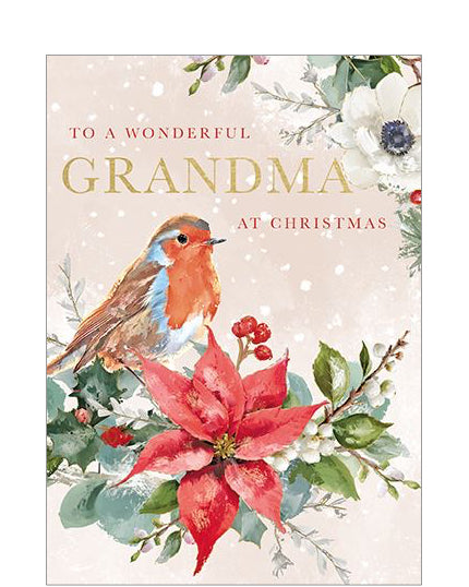 Celebrate a special grandma this holiday season with this beautiful Christmas card for Grandma, featuring a charming robin perched on a bough of festive foliage and elegant red poinsettias. Rich red and gold text on the front of the card reads 