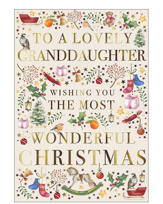 Delight your granddaughter this festive season with this gorgeous Christmas card, bursting with holiday magic and heartfelt sentiment. The card is beautifully decorated with detailed illustrations of festive icons, including sleighs, Christmas trees, presents, stockings, baubles, and toys, creating a joyful and nostalgic holiday scene. Bold gold text on the front reads 