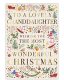 Delight your granddaughter this festive season with this gorgeous Christmas card, bursting with holiday magic and heartfelt sentiment. The card is beautifully decorated with detailed illustrations of festive icons, including sleighs, Christmas trees, presents, stockings, baubles, and toys, creating a joyful and nostalgic holiday scene.&nbsp;Bold gold text on the front reads "To a Lovely Granddaughter...Wishing You the Most Wonderful Christmas".
