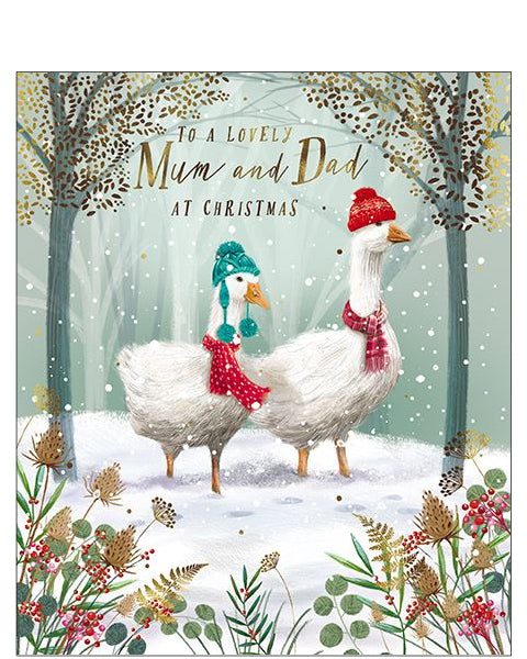 Celebrate the season with this beautiful Christmas card for Mum and Dad, featuring a heartwarming winter scene. The illustration shows a pair of white geese dressed in cosy woolly hats and scarves, enjoying a peaceful walk through a snowy forest.

Elegant gold text on the front reads 