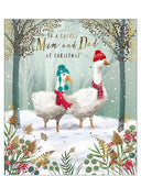 Celebrate the season with this beautiful Christmas card for Mum and Dad, featuring a heartwarming winter scene. The illustration shows a pair of white geese dressed in cosy woolly hats and scarves, enjoying a peaceful walk through a snowy forest.

Elegant gold text on the front reads "To a Lovely Mum and Dad at Christmas",
making it the perfect way to send love and holiday wishes to your parents this festive season.