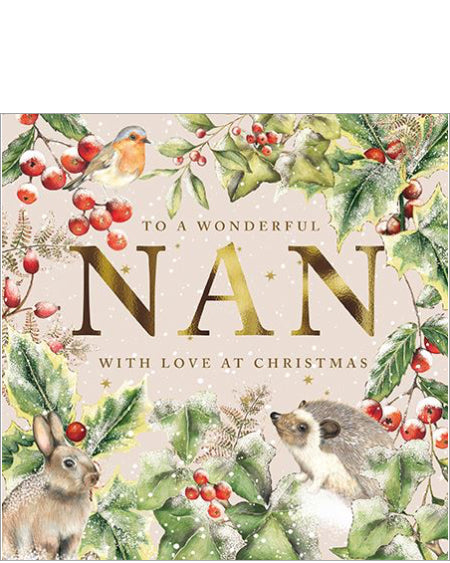Show your love and appreciation this festive season with this beautiful Christmas card for a special Nan. The front of the card features elegant gold text that reads:
