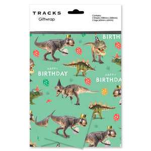 This premium birthday gift wrap pack contains two sheets of green wrapping paper and matching tags covered with a pattern of dinosaurs all ready for a party with party hats and balloons. The convenience of the pre-folded and pre-wrapped sheets make gift-giving hassle-free.