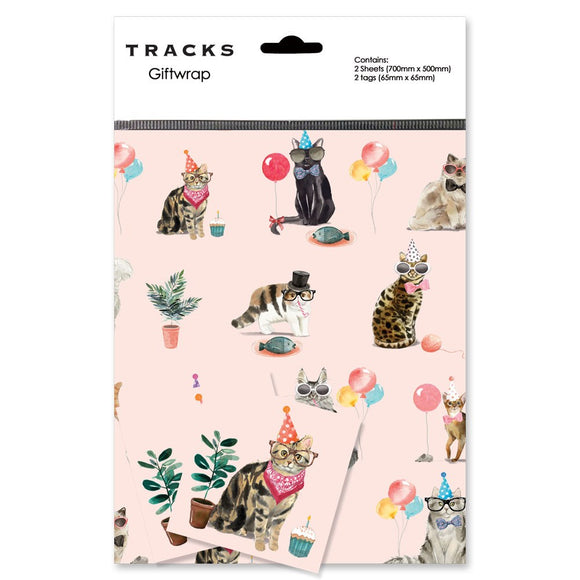 This premium birthday gift wrap pack contains two sheets of pale-pink wrapping paper and matching tags covered with different types of cats all ready to party- with hats, spectacles and party paraphernalia. The convenience of the pre-folded and pre-wrapped sheets make gift-giving hassle-free.