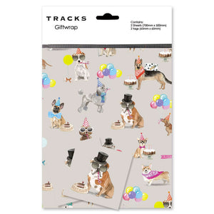 This premium gift wrap pack features sketches of all kinds of dogs in party hats ready to party. They have gifts, and balloons and some are holding banners that read "Birthday". The convenience of the pre-folded and pre-wrapped sheets make gift-giving hassle-free.