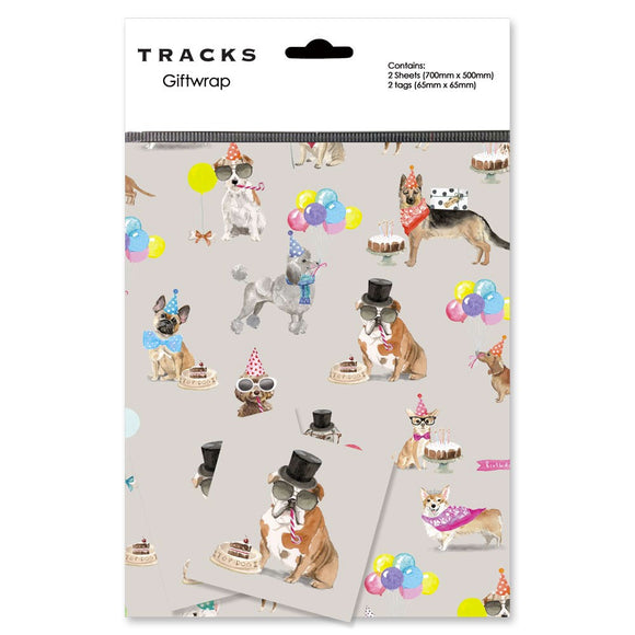 This premium gift wrap pack features sketches of all kinds of dogs in party hats ready to party. They have gifts, and balloons and some are holding banners that read 