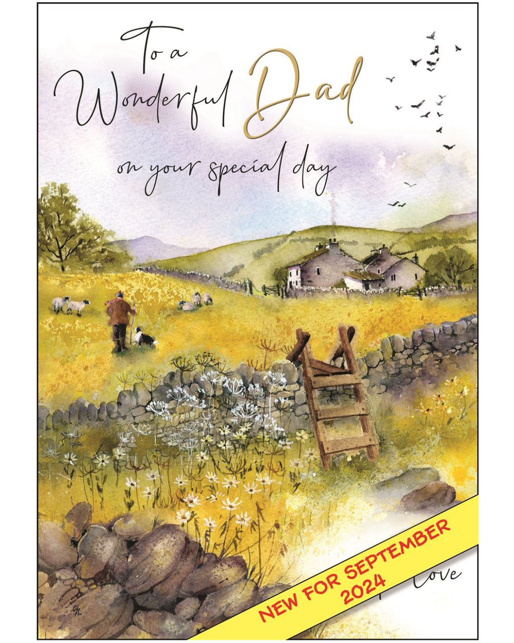 Celebrate your dad’s special day with this beautifully illustrated birthday card for Dad from Jonny Javelin. Featuring a classic countryside sketch, the design shows a man with his loyal sheepdog standing in a peaceful field of sheep. A stile in the foreground adds a welcoming touch, inviting you into the scene.&nbsp;Finished with elegant black and gold script, the front of the card reads: "To a Wonderful Dad on Your Special Day – With Love".