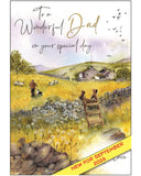 Celebrate your dad’s special day with this beautifully illustrated birthday card for Dad from Jonny Javelin. Featuring a classic countryside sketch, the design shows a man with his loyal sheepdog standing in a peaceful field of sheep. A stile in the foreground adds a welcoming touch, inviting you into the scene.&nbsp;Finished with elegant black and gold script, the front of the card reads: "To a Wonderful Dad on Your Special Day – With Love".