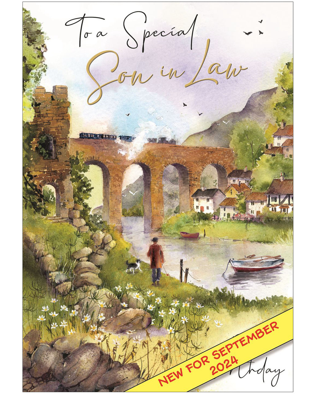 Celebrate your son-in-law’s special day with this charming traditional-style birthday card from Jonny Javelin. The design features a peaceful countryside scene, with a man and his dog walking along a canal towpath toward a distant viaduct — a beautifully sketched image full of calm and character.&nbsp;Finished with elegant black and gold script, the front of the card reads: "To a Special Son-in-Law on Your Birthday".