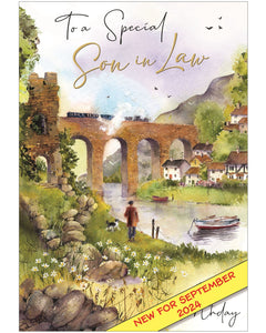 Celebrate your son-in-law’s special day with this charming traditional-style birthday card from Jonny Javelin. The design features a peaceful countryside scene, with a man and his dog walking along a canal towpath toward a distant viaduct — a beautifully sketched image full of calm and character.&nbsp;Finished with elegant black and gold script, the front of the card reads: "To a Special Son-in-Law on Your Birthday".