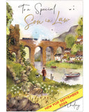 Celebrate your son-in-law’s special day with this charming traditional-style birthday card from Jonny Javelin. The design features a peaceful countryside scene, with a man and his dog walking along a canal towpath toward a distant viaduct — a beautifully sketched image full of calm and character.&nbsp;Finished with elegant black and gold script, the front of the card reads: "To a Special Son-in-Law on Your Birthday".