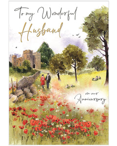 Celebrate your special day with this beautifully traditional anniversary card for a husband by Jonny Javelin. The elegant illustration features a romantic scene of a couple walking hand in hand through a vibrant poppy field toward a historic castle – a timeless image of love and togetherness.&nbsp;Finished with stylish black and gold script, the front message reads: "To My Wonderful Husband on Our Anniversary".