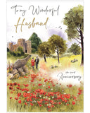 Celebrate your special day with this beautifully traditional anniversary card for a husband by Jonny Javelin. The elegant illustration features a romantic scene of a couple walking hand in hand through a vibrant poppy field toward a historic castle – a timeless image of love and togetherness.&nbsp;Finished with stylish black and gold script, the front message reads: "To My Wonderful Husband on Our Anniversary".