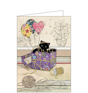 Beautiful, quirky and dramatic. This blank card designed by Bug Art founder Jane Crowther features a cute black cat sitting in a gift box, tangled up in the gold ribbon.