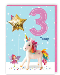 This strongly coloured birthday card for a 3 year old features a felt unicorn and fairy,&nbsp; holding a gold balloon. A large pink number 3 sits in the corner.