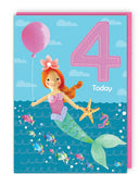 This strongly coloured birthday card for a 4 year old features a mermaid swimming in the sea. With one hand she holds a starfish, with the other a birthday balloon.