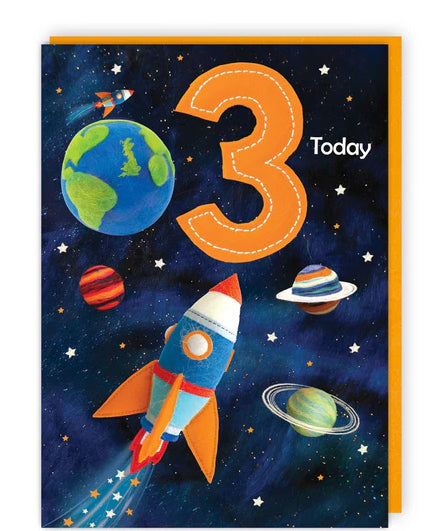 This 3rd birthday card is decorated with a felt space rocket flying through space - past planets and stars - towards a large, orange 