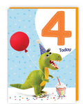This strongly coloured birthday card for a 4 year old features a felt dinosaur with a cupcake and balloon. A large orange number "4" sits in the corner.