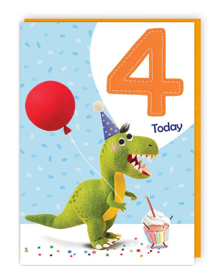 This strongly coloured birthday card for a 4 year old features a felt dinosaur with a cupcake and balloon. A large orange number 