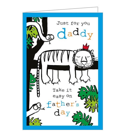 This father's day card for a special daddy is decorated with a cute cartoon lion asleep on a branch and wearing a crown. Colourful text on the front of the card reads 