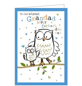 This father's day card for a special grand-dad is decorated with a two cute cartoon owls on a branch, one an adult and one a juvenile. Colourful text on the front of the card reads "To the wisest Grandad, Happy Father's Day xXx"