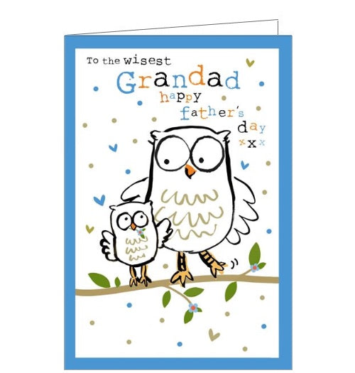 This father's day card for a special grand-dad is decorated with a two cute cartoon owls on a branch, one an adult and one a juvenile. Colourful text on the front of the card reads 