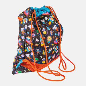 This drawstring bag is perfect for carrying PE or swim gear, featuring playful designs and practical features like durable material, a zippered front pocket, hanging loop, drawstring closure, and breathable mesh section. This bag is perfect for astronauts in training!