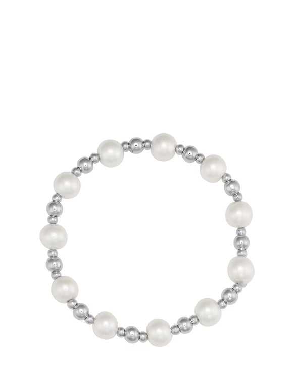 Rhodium Pearl Beaded Stretch Bracelet - Indulgence Jewellery