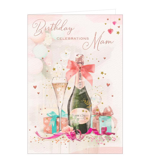 This beautiful birthday card for a special mam is illustrated with a bottle of champagne with a large pink bow tied around the neck. Beside the bottle is a flute full of fizz and birthday presents wrapped in teal and coral paper. Rose-gold text on the front of the card reads "Birthday celebrations Mam".