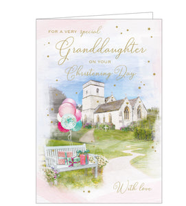 This stunning card for special grand daughter's christening day is decorated with a village church on a sunny spring day, surrounded by flowers. Balloons and presents rest on a bench in the foreground. Rose gold text on the front of the card reads "For a very special Granddaughter on your Christening Day...with love", and the whole card is sprinkled with glitter.