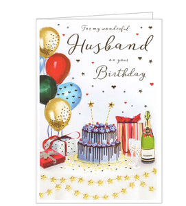 This birthday card for a special husband is decorated with table, all laid for a party, with confetti, star banners and colourful balloons alongside a magnificent birthday cake, gifts and champagne. Gold text on the front of this card reads "For my wonderful Husband on your Birthday".