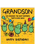 This birthday card for a special&nbsp;grandson is decorated with a&nbsp;cute illustration of a group of green beans having a party. The text on the front of the card reads "Grandson, you deserve the best Birthday that's ever been...Happy Birthday!"