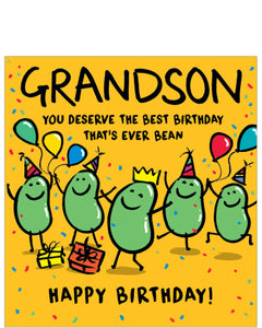This birthday card for a special&nbsp;grandson is decorated with a&nbsp;cute illustration of a group of green beans having a party. The text on the front of the card reads "Grandson, you deserve the best Birthday that's ever been...Happy Birthday!"
