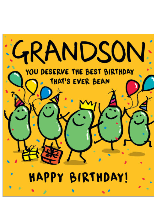 This birthday card for a special grandson is decorated with a cute illustration of a group of green beans having a party. The text on the front of the card reads 