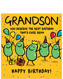 This birthday card for a special&nbsp;grandson is decorated with a&nbsp;cute illustration of a group of green beans having a party. The text on the front of the card reads "Grandson, you deserve the best Birthday that's ever been...Happy Birthday!"
