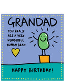 This birthday card for a special grandad is decorated with a cartoon bean waving triumphantly from a&nbsp;winner's podium. The text on the front of the card reads "Grandad you really are a very wonderful human bean...Happy Birthday!"