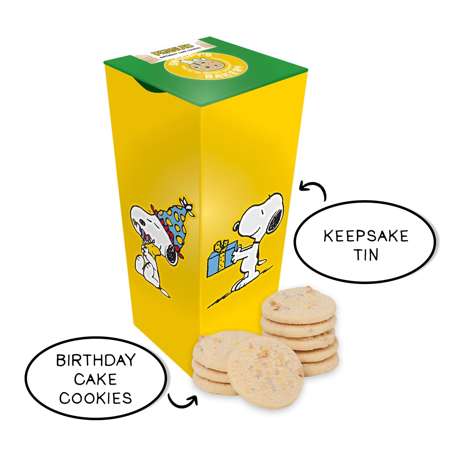 Snoopy birthday cake cookies in tin -