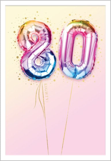 This fabulous 80th birthday card is decorated with a photograph of multi-coloured   8 & 0 balloons surrounded by gold confetti against alight yellow and  pink  background.