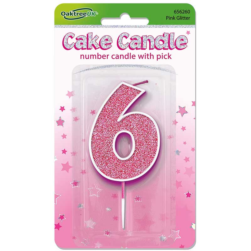 Pink Glitter Number 6 Candle
