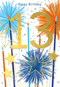 A bright, lively birthday card for a13 year old  featuring a large gold number 13 backed by blue candles bursting like fireworks. Extra details include gold stars and long can