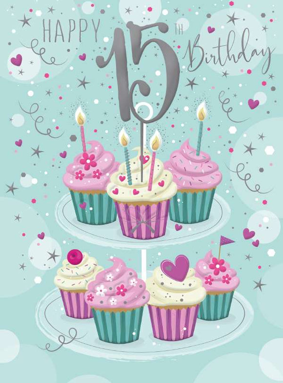 Celebrate a special day for a 15 year old  with this cheerful stack of colourful cupcakes, with a big silver 15 on top.  Give them a memorable surprise with this yummy card Text reads 