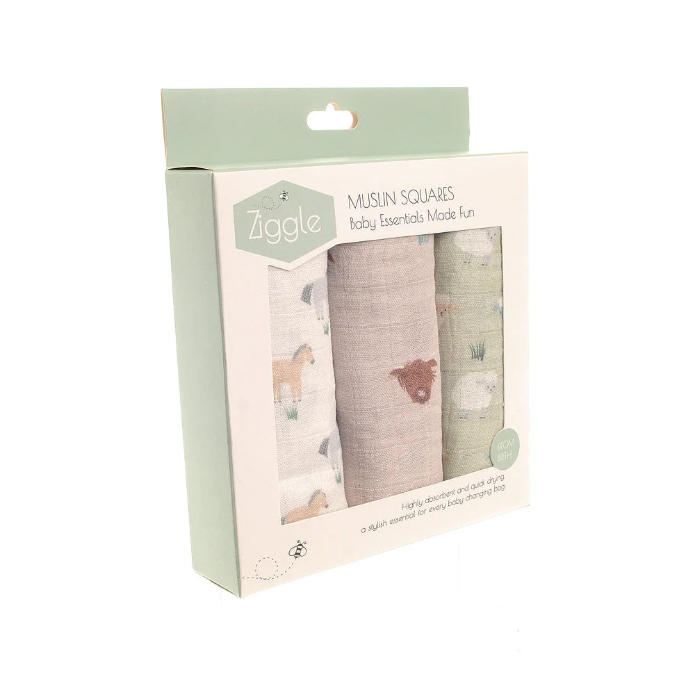 Pack of 3 animal pattern muslin squares