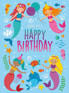 This children's Birthday card is decorated with four mermaids with pink tails ready to party  under the sea with all their dolphin, fish and turtle friends. The text on the front of the card reads "Wishing you a Happy Birthday".
