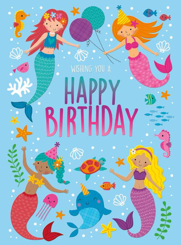 This children's Birthday card is decorated with four mermaids with pink tails ready to party  under the sea with all their dolphin, fish and turtle friends. The text on the front of the card reads 